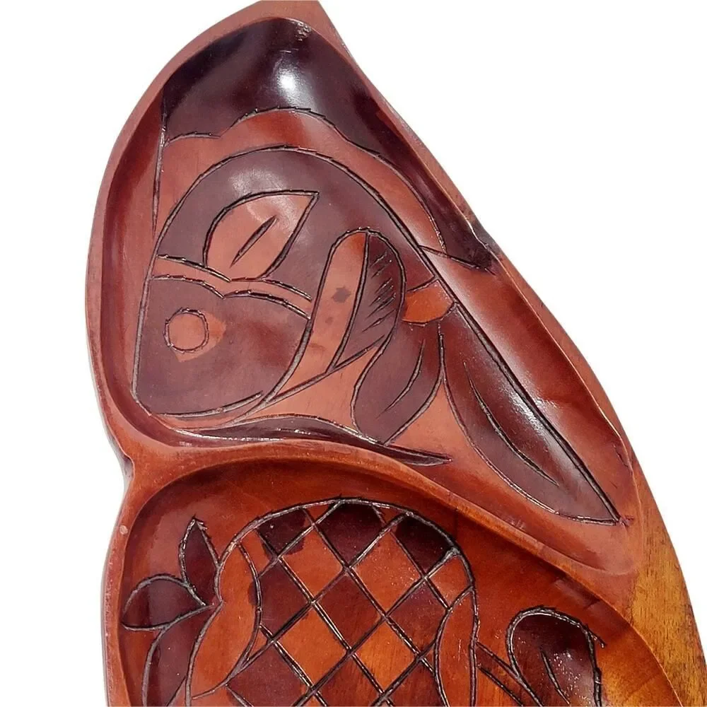 VINTAGE HAITI HAND CARVED WOOD TRAY FISH APPLE‎ TROPICAL LEAF 2 SIDED CARVING